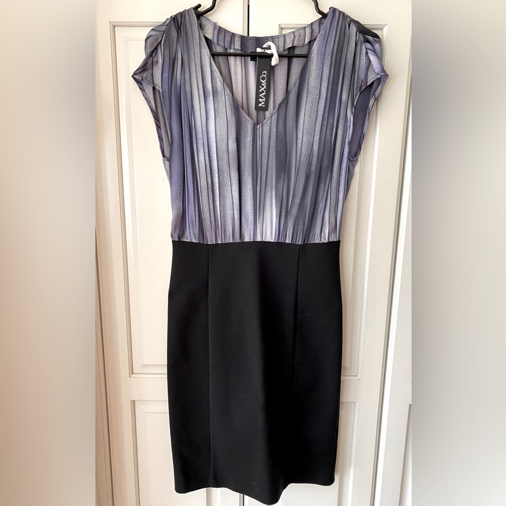 Max&Co V neck Sheath Dress Grey purple Black 100% Silk top Made in Italy XS 4